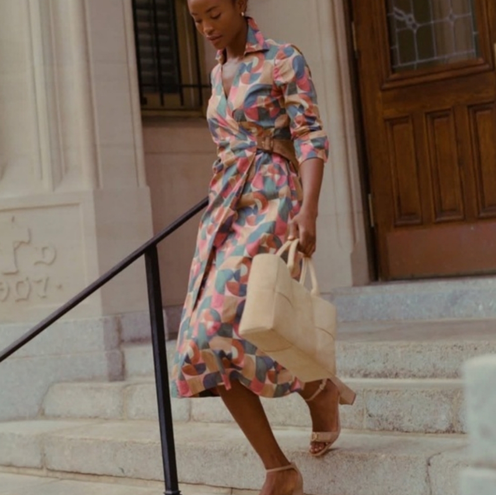 J. McLaughlin Mercer Wrap Belt Midi Dress Abstact Multi Printed Geometric